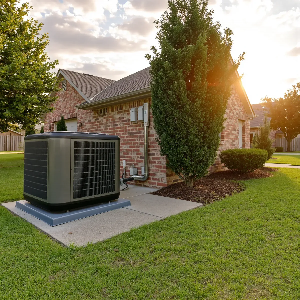 High-resolution image of an HVAC outdoor unit on a Texas suburban home with ducts, greenery, and clear sky, no people present.