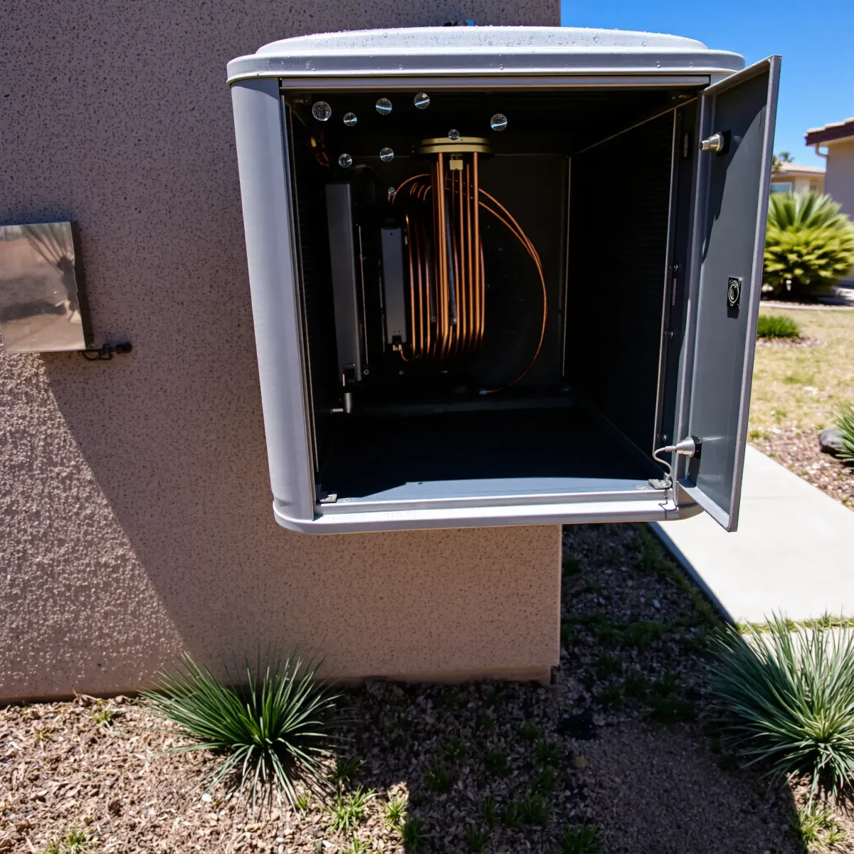 Modern residential AC system in a tidy utility closet, showcasing a serviced air handler and compressor with organized tools.