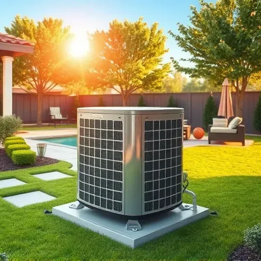 Sleek, modern residential HVAC system installed in a tidy Texas backyard with lush greenery, patio, and natural sunlight.