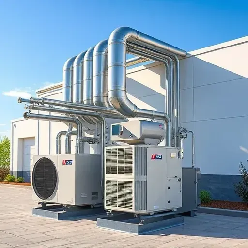 Outdoor HVAC system in Crowley, TX with sleek metallic ducts, control units, fresh paint, neat wiring, and a clear blue sky.