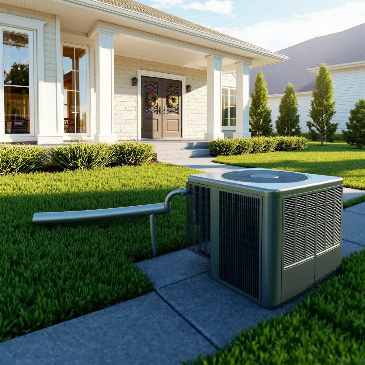 Professional AC repair scene in Hickory Creek, TX with technician inspecting a modern outdoor unit, tools, and sunny yard.