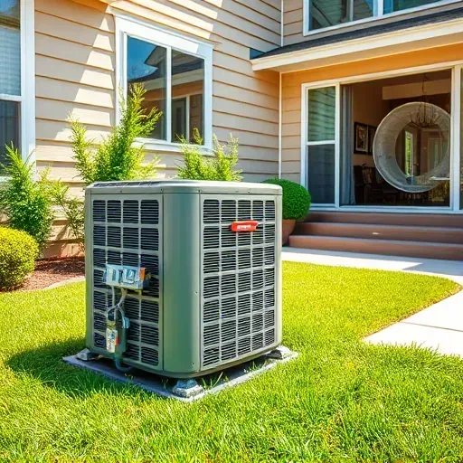 Repaired outdoor air conditioning condenser on a tidy Texas suburban yard with lush grass and modern home
