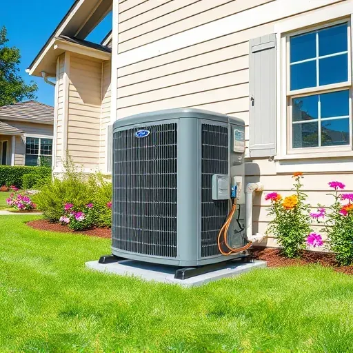 Repaired outdoor air conditioning unit on a concrete pad beside a modern home in Hudson Oaks TX with lush landscaping and clear sky