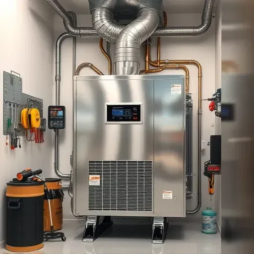 Completed HVAC repair with shiny metal unit, digital controls, organized tools, and clean utility closet in Saginaw TX