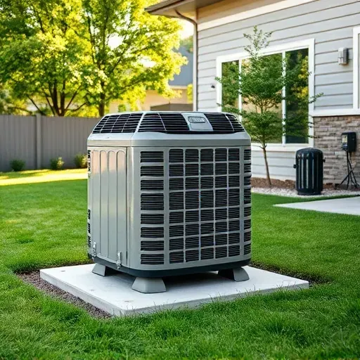 Outdoor modern air conditioner on concrete pad in backyard with lawn, trees, and modern house, in natural daylight.