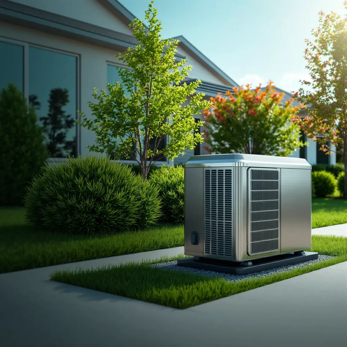Newly installed HVAC system outdoors in Shady Shores, TX, near a modern house with lush grass and neat landscaping.