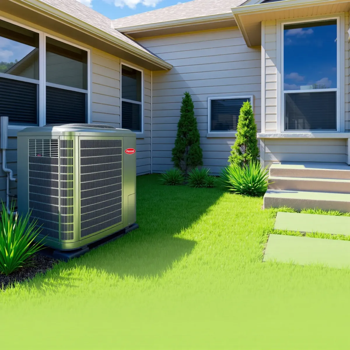 Energy-efficient, sleek AC unit outside a modern Texas home with lush lawn, blooming shrubs, and sunny sky.