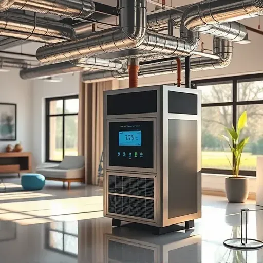 Completed HVAC installation in Sanger TX featuring sleek ductwork, a lit thermostat, and a clean, modern space.