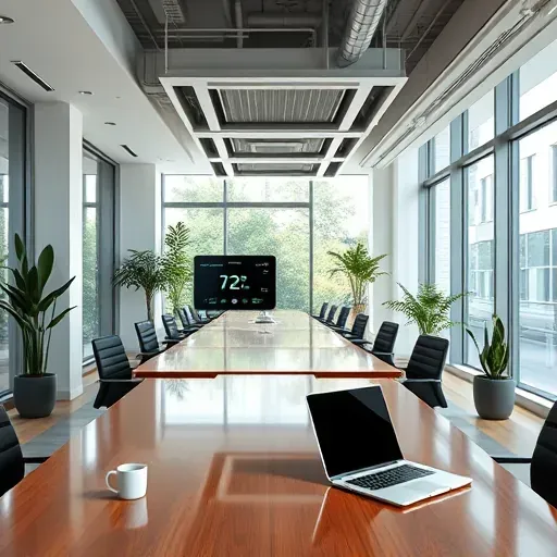 Modern office with sleek indoor air quality monitor, wooden desks, large windows, plants, and natural lighting in Fort Worth