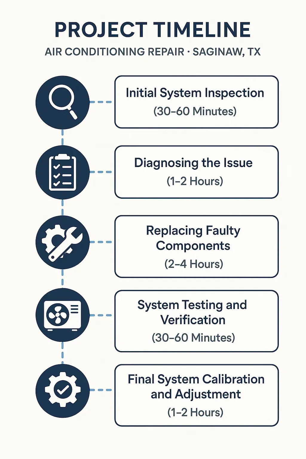Infographic showing the Saginaw TX air conditioning repair project timeline: inspection, diagnosing, replacing parts, testing, calibration.