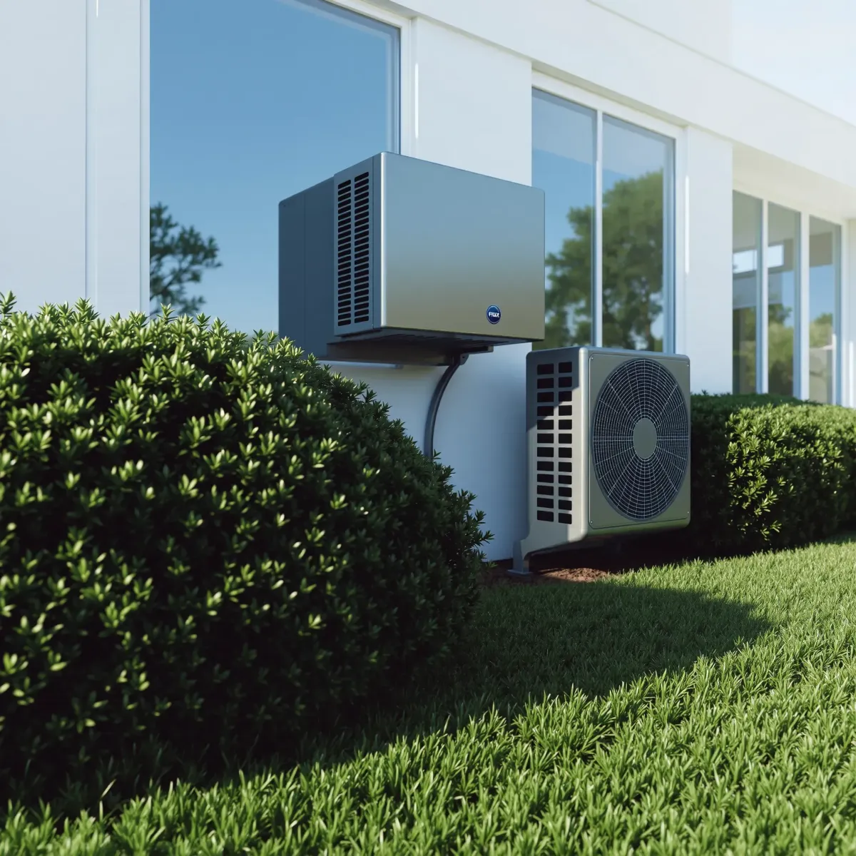 Outdoor modern air conditioning unit repair scene in River Oaks, TX, with tools, lush greenery, and a contemporary home.