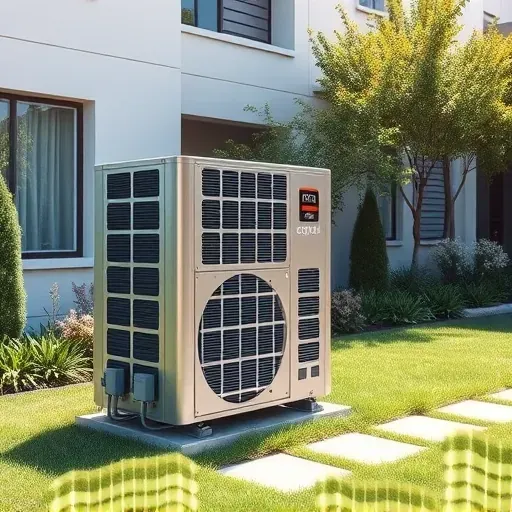 Outdoor high-quality air conditioning unit with metallic finish, vents, and digital controls on modern home under sunny sky.