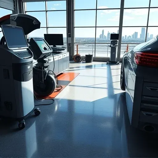 Clean organized automotive workbay with diagnostic tools, vehicle parts, Texas skyline, sunny day in Fort Worth