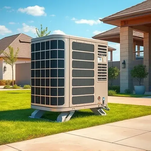 Air conditioning unit on a modern suburban home in Benbrook TX with landscaping under a clear blue sky