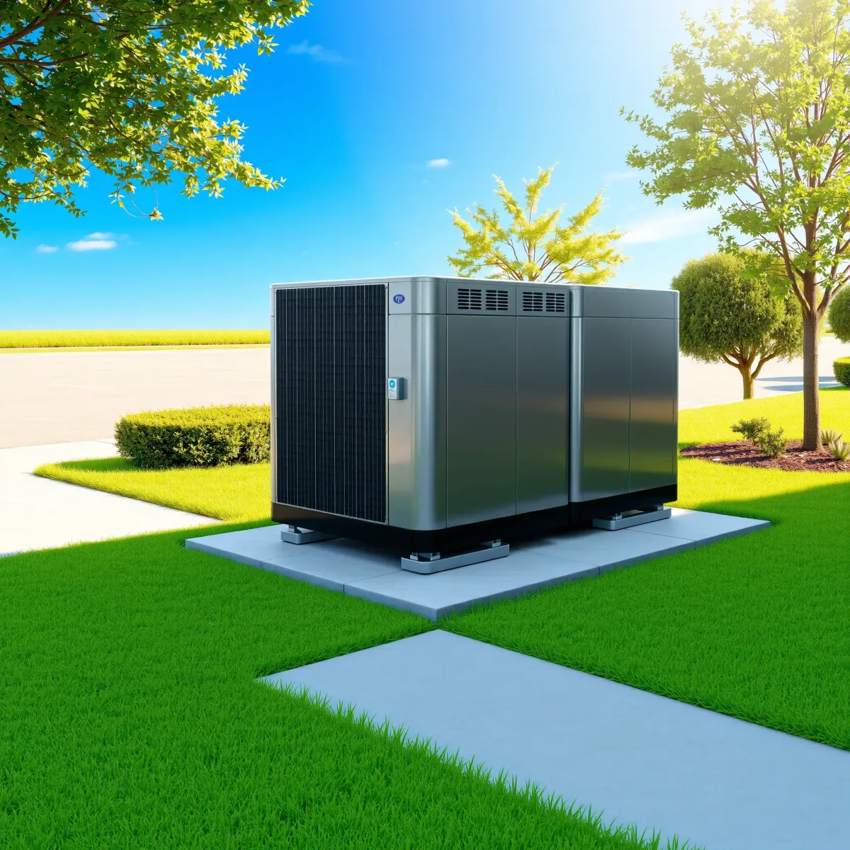 Outside modern Justin, TX building, a polished HVAC system with vents, piping, lush landscaping, and bright Texas sky.