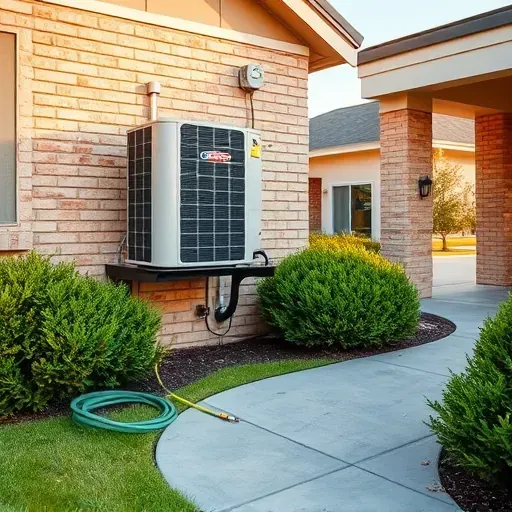 Operational HVAC unit on a modern home in Pecan Acres, TX, surrounded by lush lawn, bushes, and a sunny Texas sky.