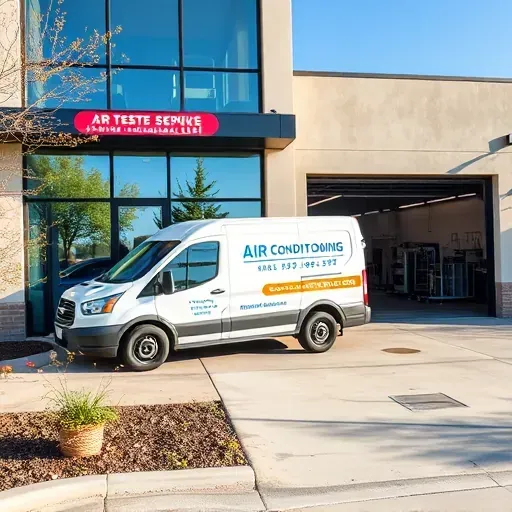 Modern air conditioning repair shop in White Settlement TX with a service van, spacious glass windows, and landscaped exterior.