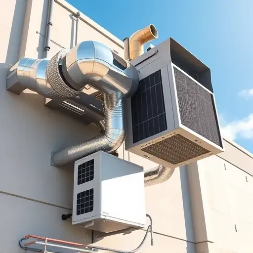 Polished HVAC system with gleaming ducts and condenser on a modern Watauga building under clear blue sky.