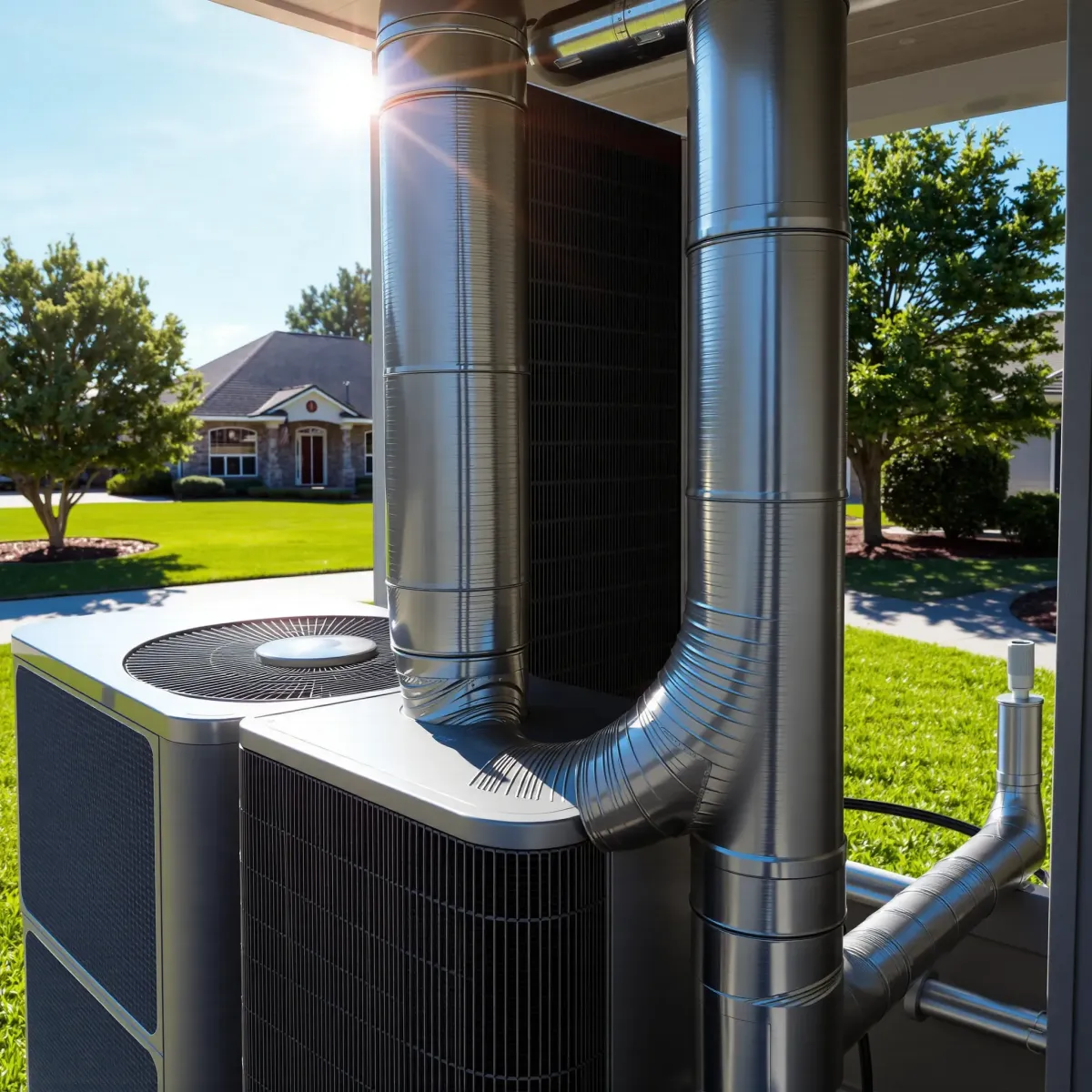 HVAC system installed outside a home in Lakeside, TX, showing modern metal ductwork and a lush, well-maintained yard.