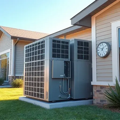 Modern residential HVAC unit installed outdoors near a contemporary Texas home with landscaping and clear blue sky.
