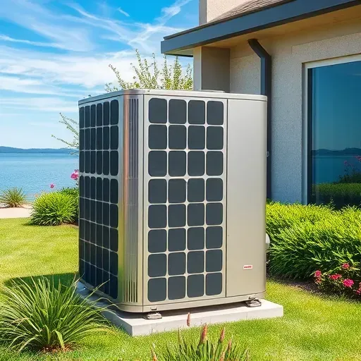 Outdoor HVAC system in Lake Dallas, TX surrounded by lush landscaping, with lake view and modern building in the background.