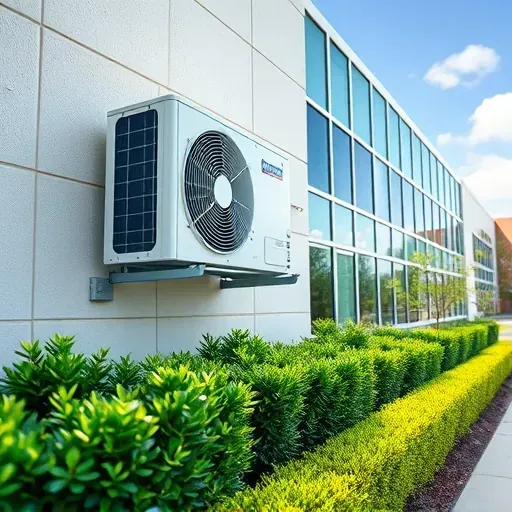 Modern air conditioning unit on a commercial building in Fort Worth TX with lush landscaping and clear blue sky.