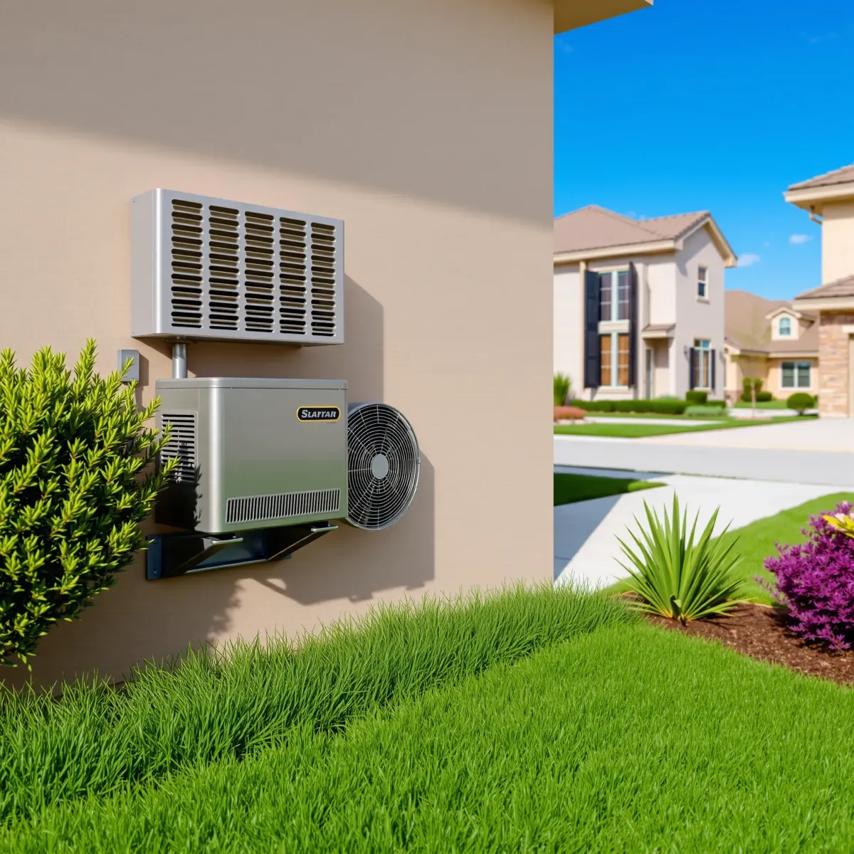 Finished Pecan Acres, TX AC repair on a landscaped lawn with a modern outdoor unit, bright sky, and clean surroundings.