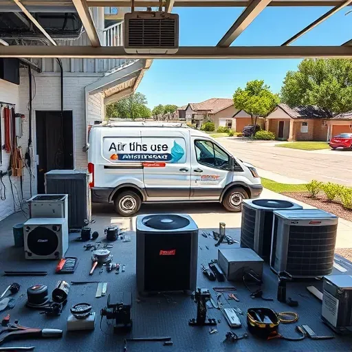 Well-organized air conditioning repair shop in Willow Park, TX, with tools, service van, HVAC parts, and clean suburban setting.