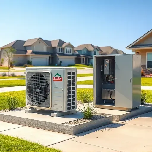 Completed HVAC installation in Kennedale, TX featuring outdoor AC unit, indoor furnace, landscaped yard, and suburban background.