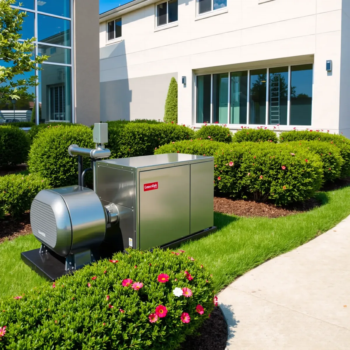 Outdoor HVAC system in Rendon, TX, with polished metallic components, lush landscaping, and modern building backdrop.