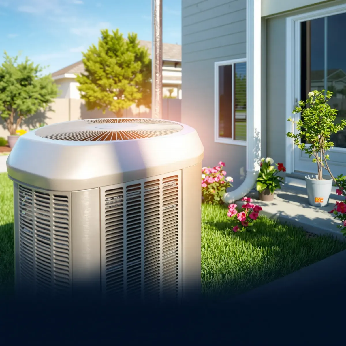 Outdoor modern air conditioning unit in Lakeside, TX, with sleek design, digital controls, and landscaped background.