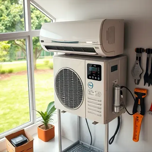 Seamlessly repaired, freshly serviced AC unit in a modern home, showing detailed textures, digital controls, and a tranquil backyard.