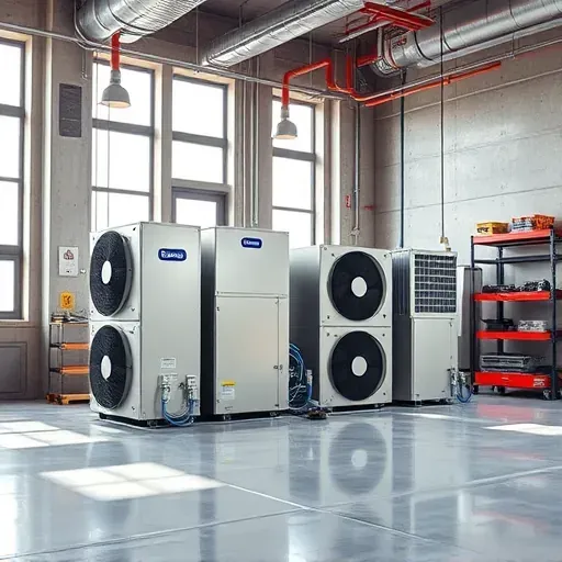 Modern office HVAC system with sleek metal units, ductwork, filters, and organized tools in a bright industrial mechanical room in Fort Worth Texas