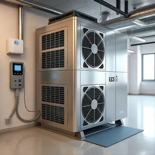 Modern commercial air conditioning unit with vents, control panels, and HVAC equipment in a clean, organized industrial environment