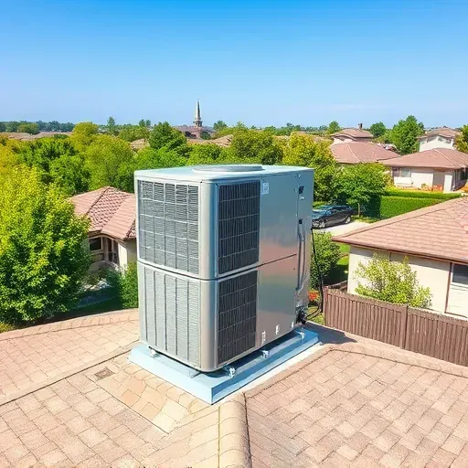 HVAC unit on a well-maintained residential rooftop in Westworth Village, TX, amid lush greenery and suburban neighborhood.
