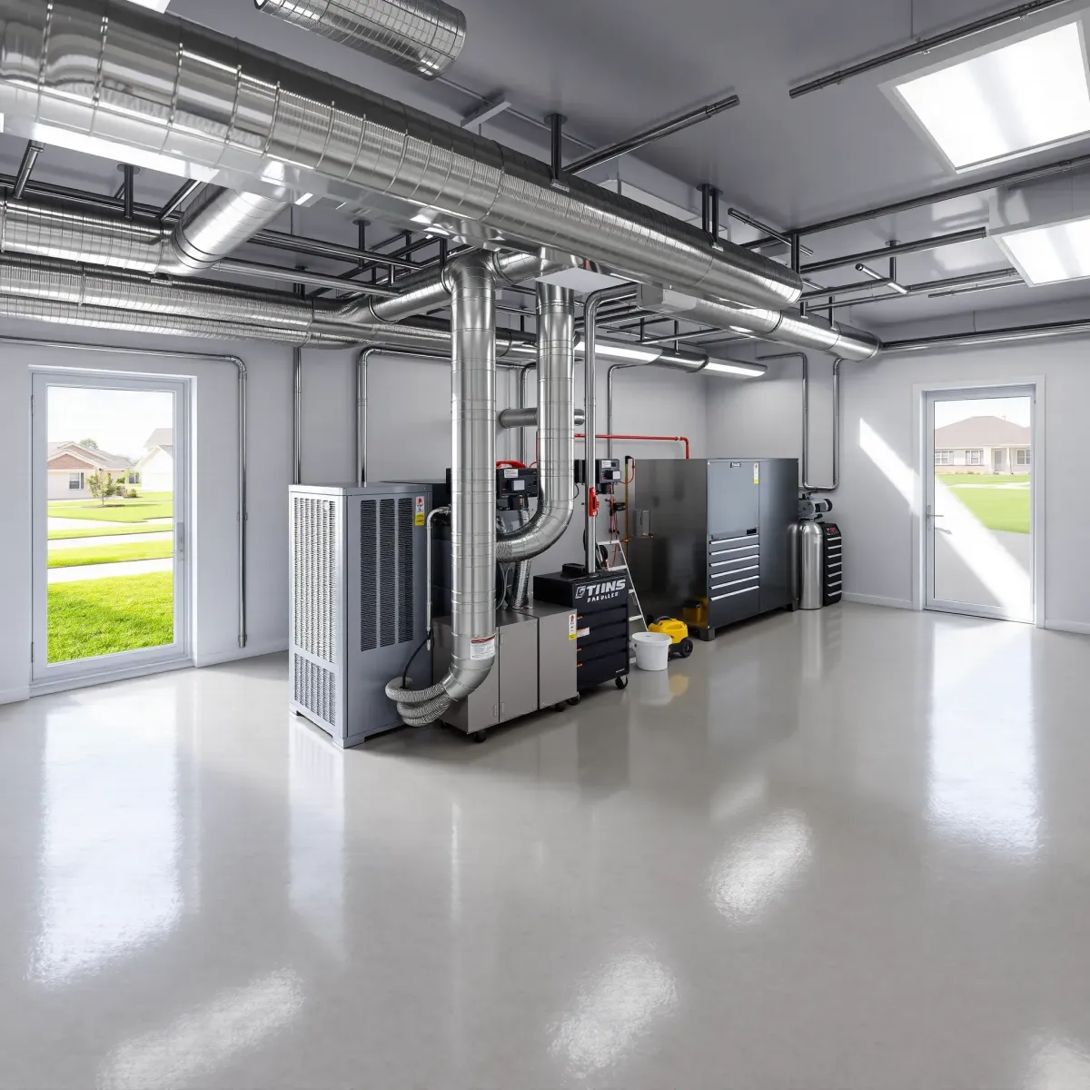 New HVAC system installation in Kennedale, TX with sleek ductwork, modern components, and a clean, professional utility room.