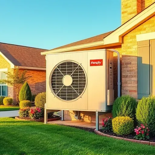 HVAC system installed on a suburban home in Justin TX, surrounded by green lawns and flower beds under a clear blue sky.