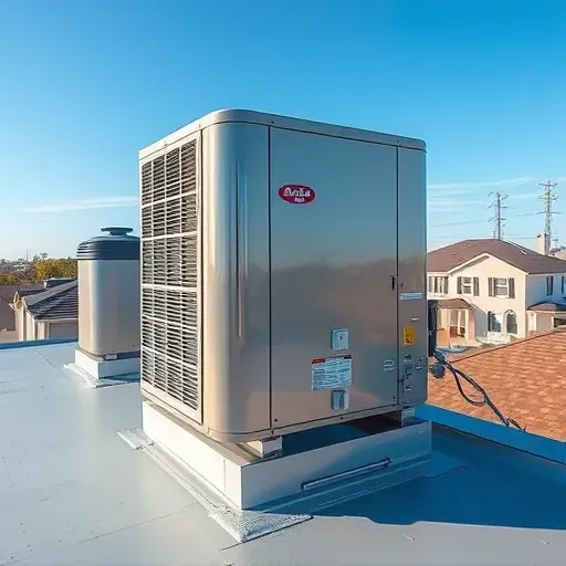 Outdoor modern air conditioner on a rooftop in Azle, TX, with clear skies and well-maintained surroundings.