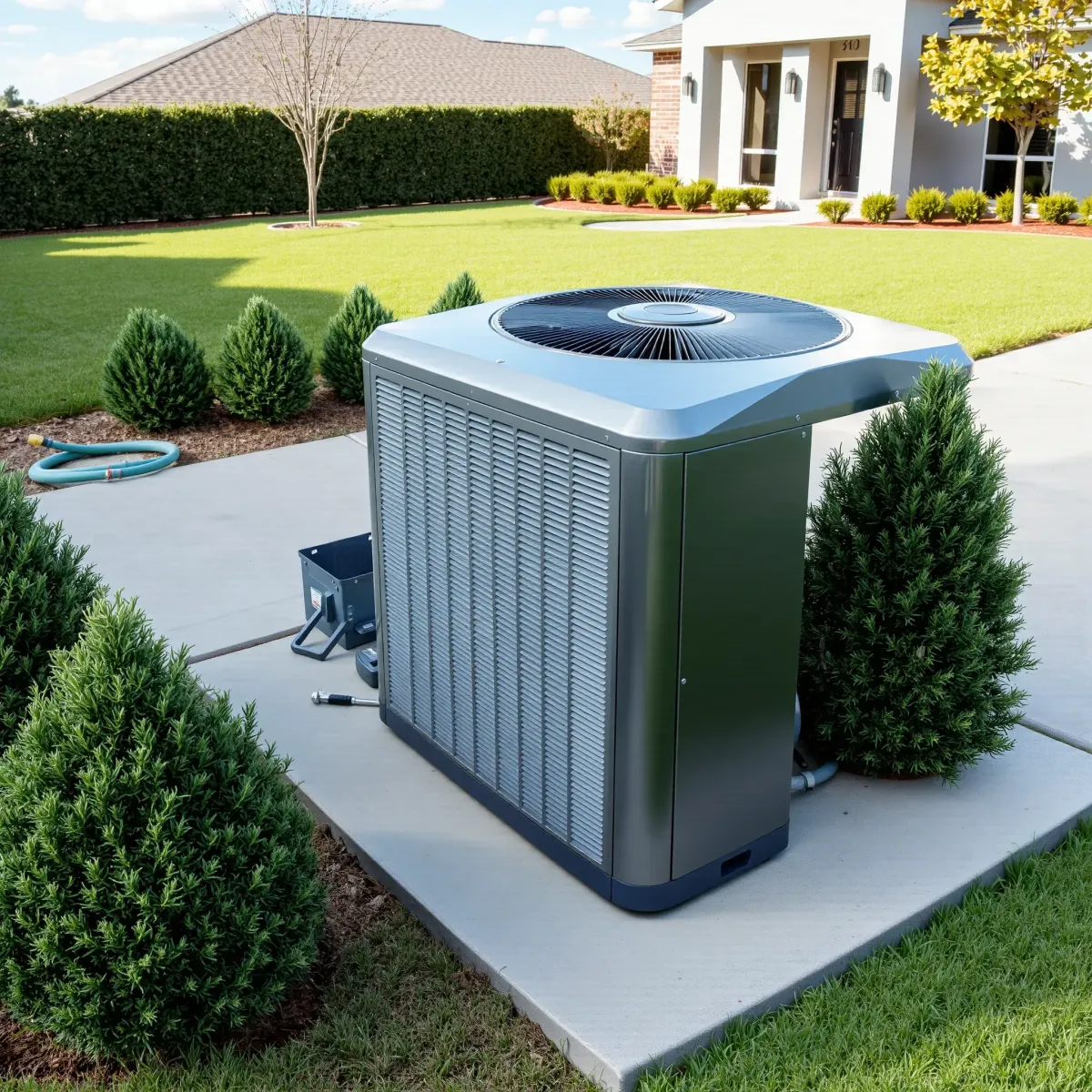 Well-maintained River Oaks, TX outdoor HVAC system installation with modern unit, landscaped yard, and clean surroundings.
