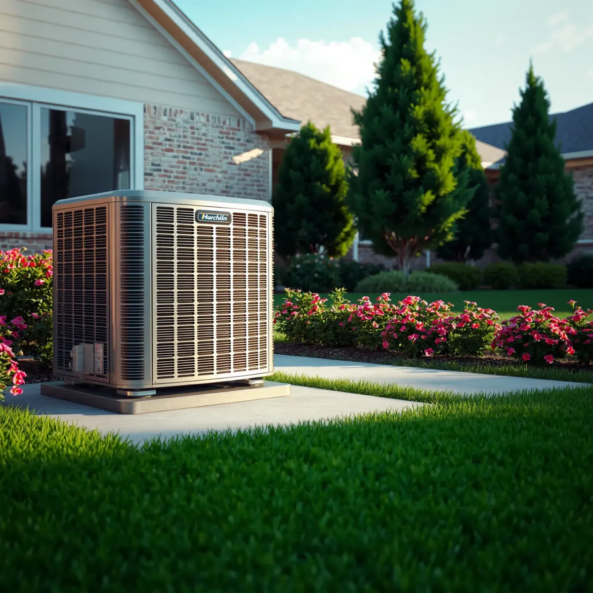 New HVAC system outdoors in Everman, TX, on a clean pad with lush yard, Texas trees, and a modern home.