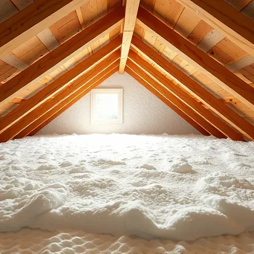 Pristine attic with expertly installed fiberglass insulation between wooden rafters, showcasing quality craftsmanship and energy efficiency