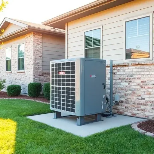Modern HVAC system installed on a backyard concrete slab, blending with a well-maintained house and lush landscaping in Everman, TX.