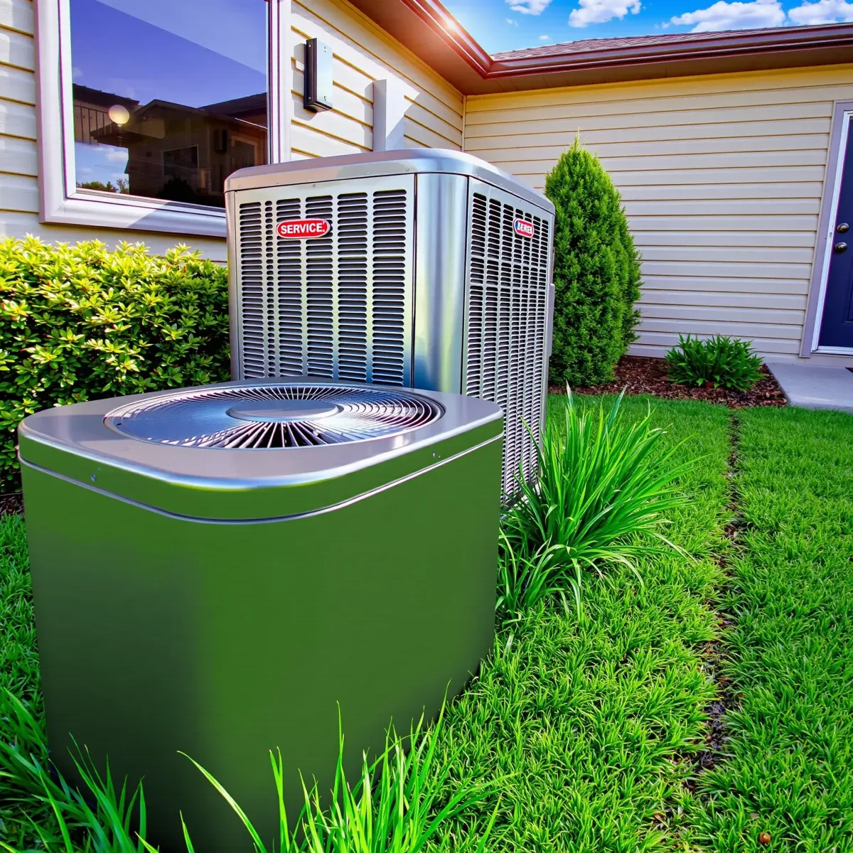 Modern air conditioner repair scene with detailed components, tools, thermostat, and cozy home background.