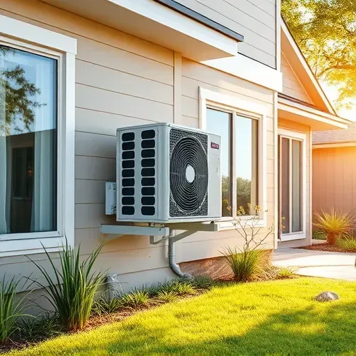 Freshly repaired high-efficiency air conditioning unit on modern home's exterior in Annetta TX with green landscaping and natural sunlight