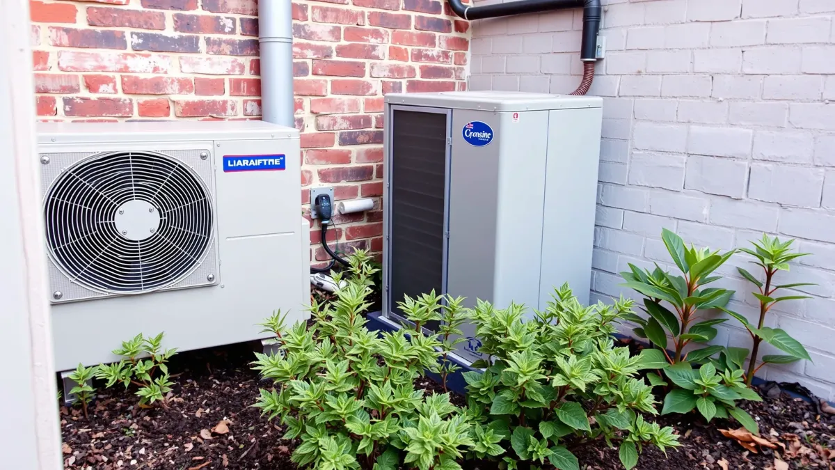 Modern HVAC unit installed outdoors in Lake Dallas, TX, on a clean property with green grass, building, and blue sky.