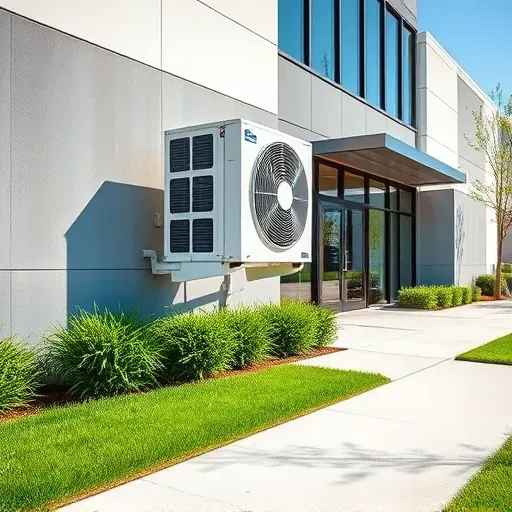 Modern air conditioning unit on a commercial building in Northlake, TX, with landscaped background and detailed repair features.