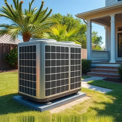 Outdoor modern HVAC system installed in a Texas backyard with green grass, trees, a white house, and clear sky.