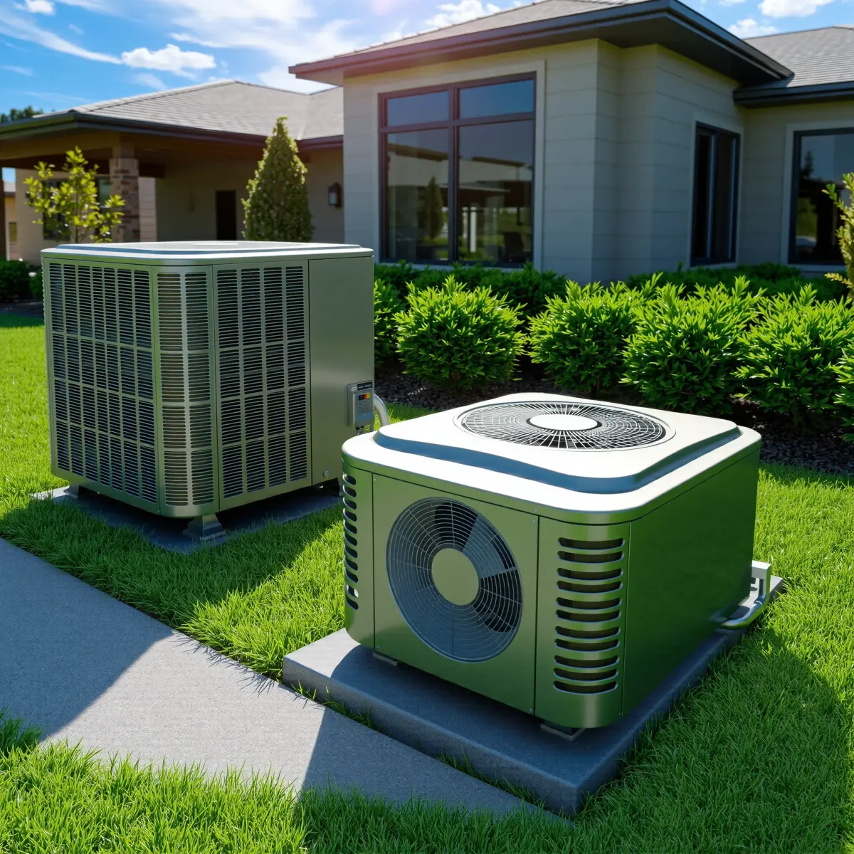 Outdoor modern HVAC unit installed on a concrete pad next to a home with landscaping and clear skies in Edgecliff Village, TX.