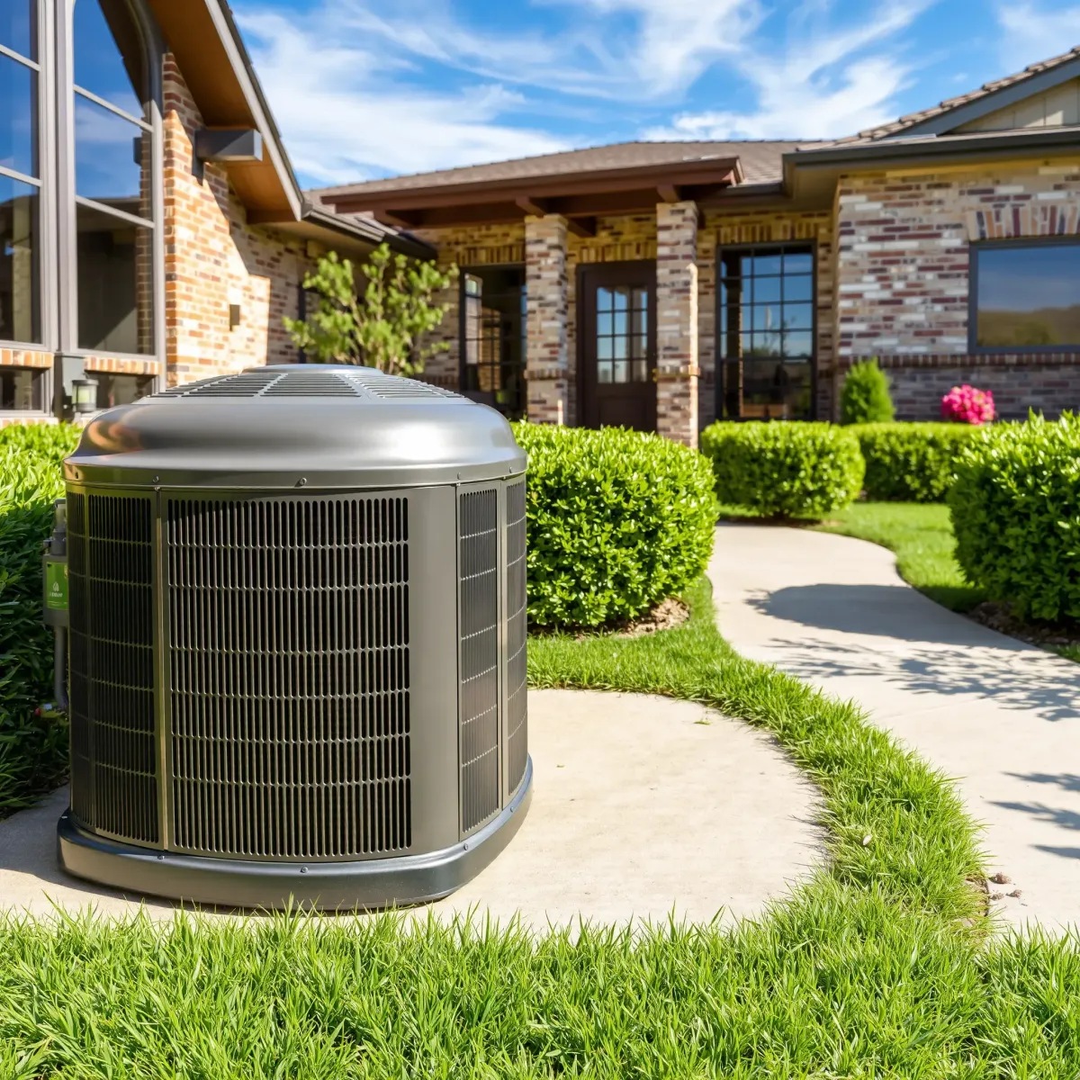 HVAC technician repairing outdoor AC unit in Horseshoe Bend, TX, amid rugged landscape, rocky outcrops, and clear blue skies.