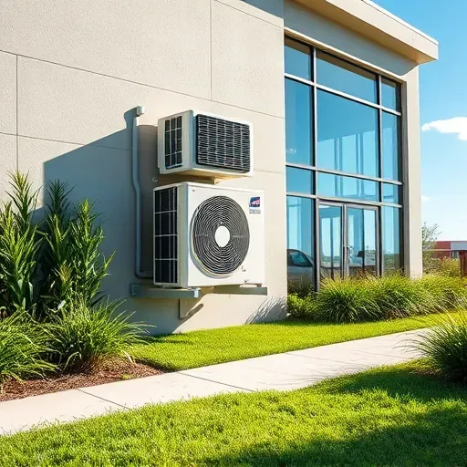 Modern commercial building in Lakeside TX with a sleek outdoor air conditioning unit amidst lush landscaping and clear blue sky
